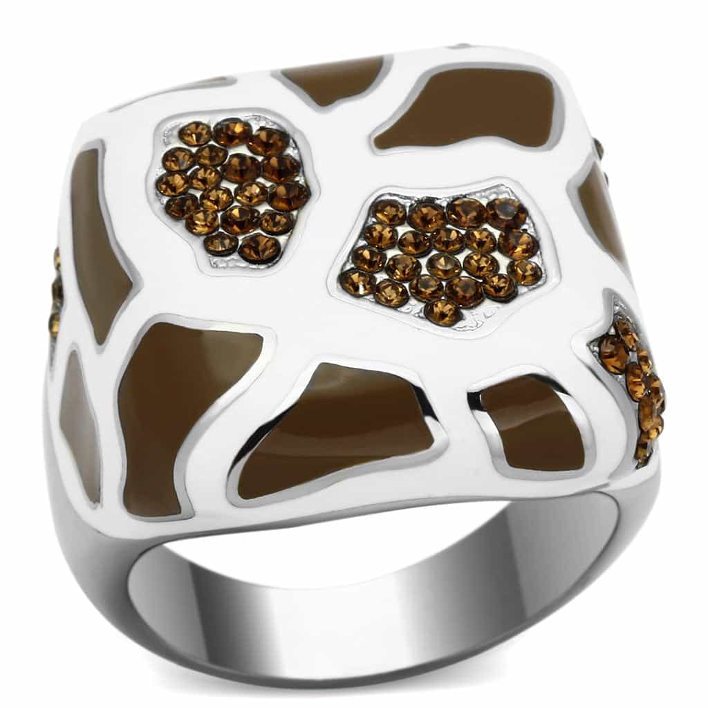 Stainless Steel Silver Brown Enamel Giraffe Print Amber Ring view 5