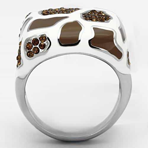 Stainless Steel Silver Brown Enamel Giraffe Print Amber Ring view 7