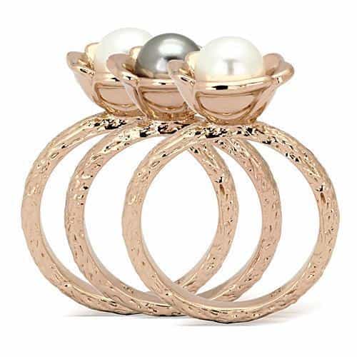 Stainless Steel Rose Gold IP Pearl Triple Flower Open Stack Ring view 7