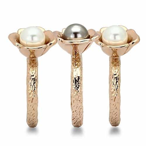 Stainless Steel Rose Gold IP Pearl Triple Flower Open Stack Ring view 4