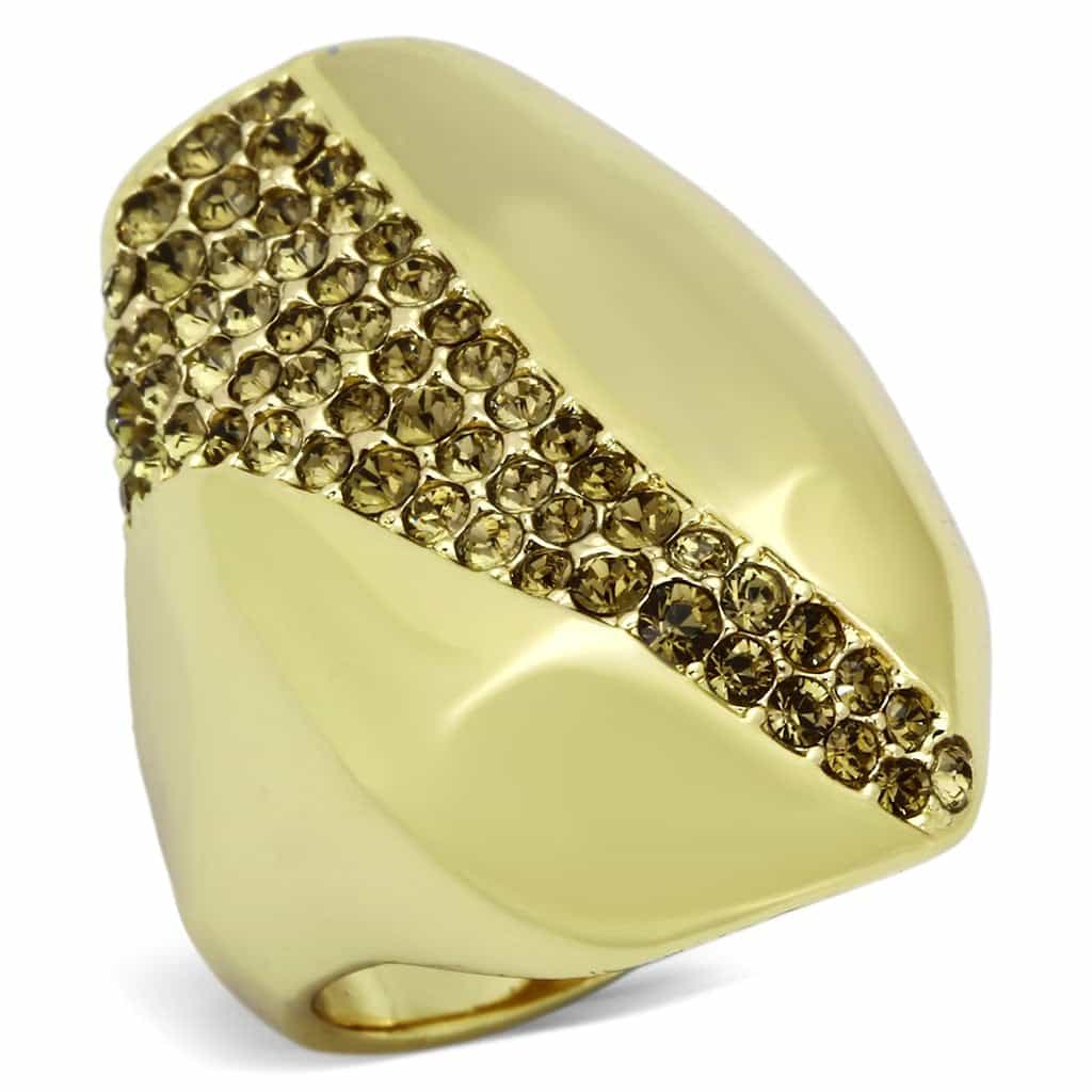 Stainless Steel Gold IP Champagne Crystal Pave Diagonal Dome Ring view 5