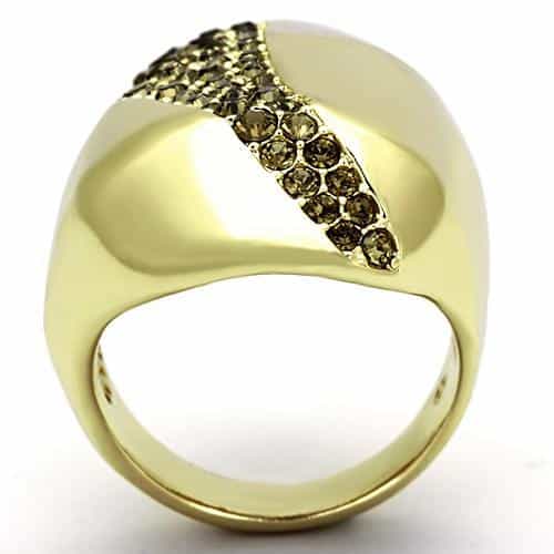 Stainless Steel Gold IP Champagne Crystal Pave Diagonal Dome Ring view 3