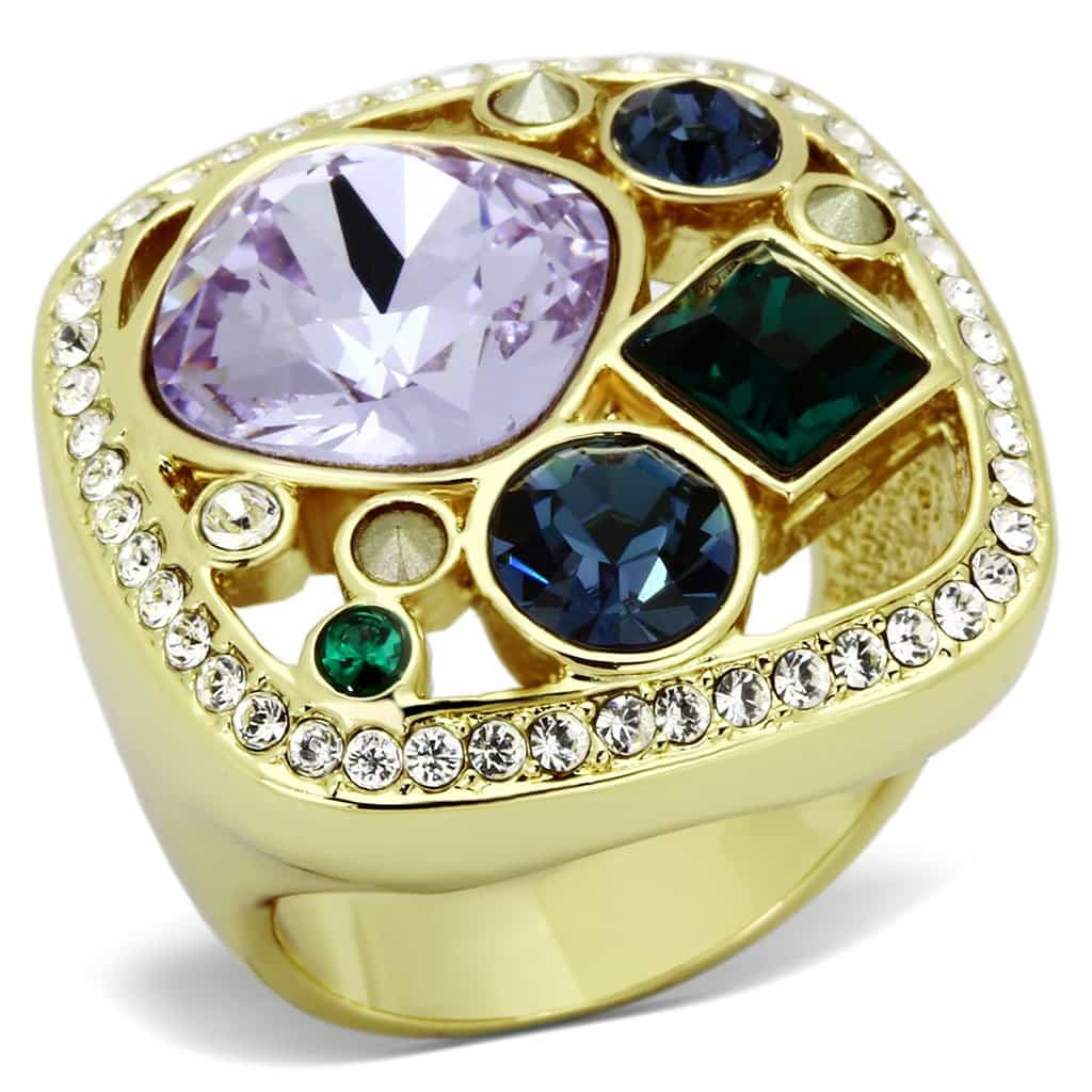 Stainless Steel Silver Multi Color Crystal Cluster Cocktail Ring view 1