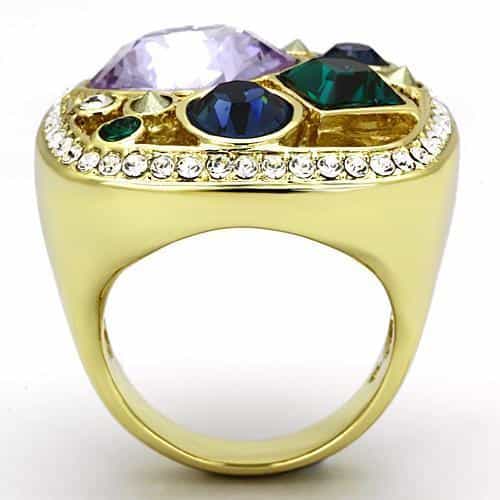 Stainless Steel Silver Multi Color Crystal Cluster Cocktail Ring view 3