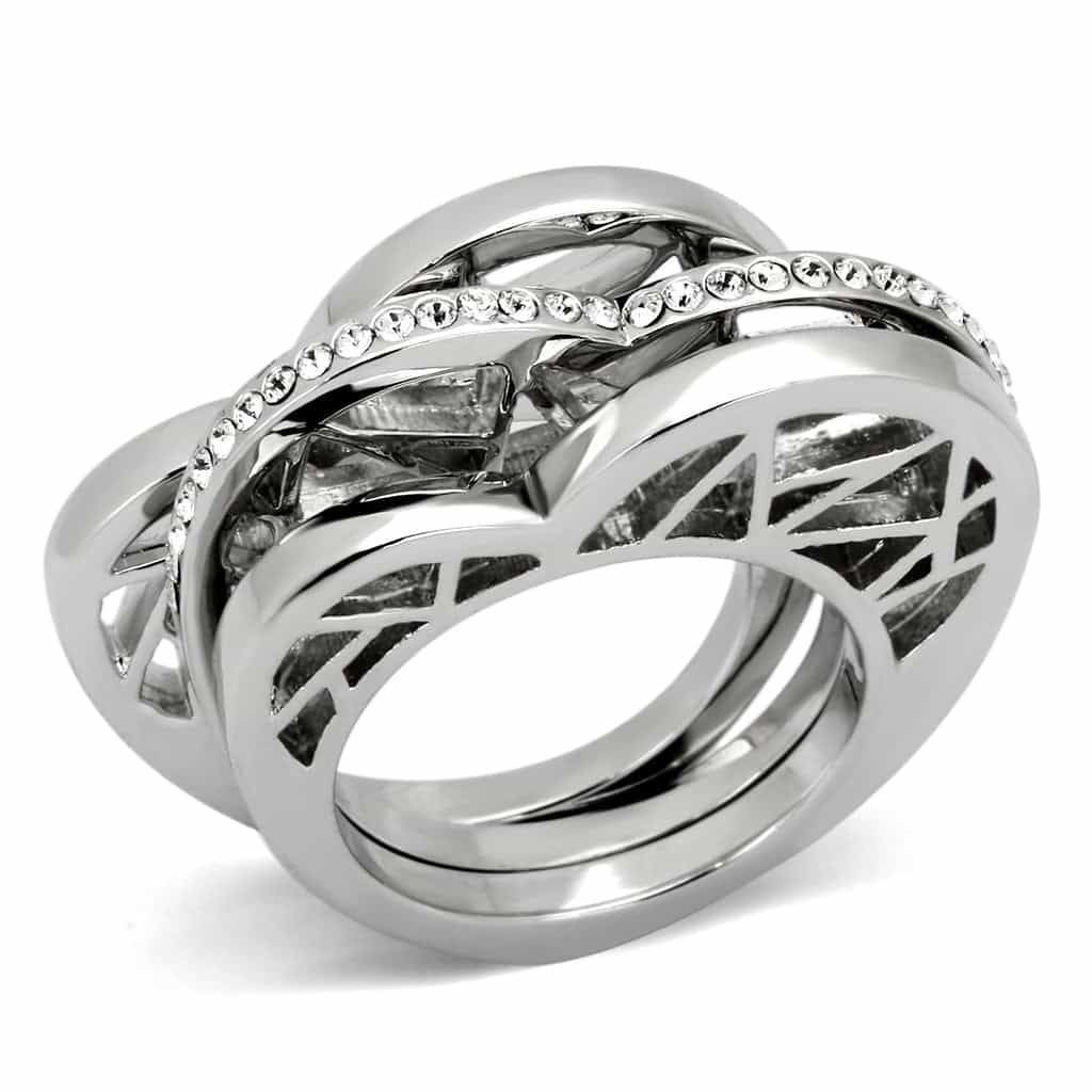 Stainless Steel Silver CZ Open Geometric Cage Wide Ring view 5