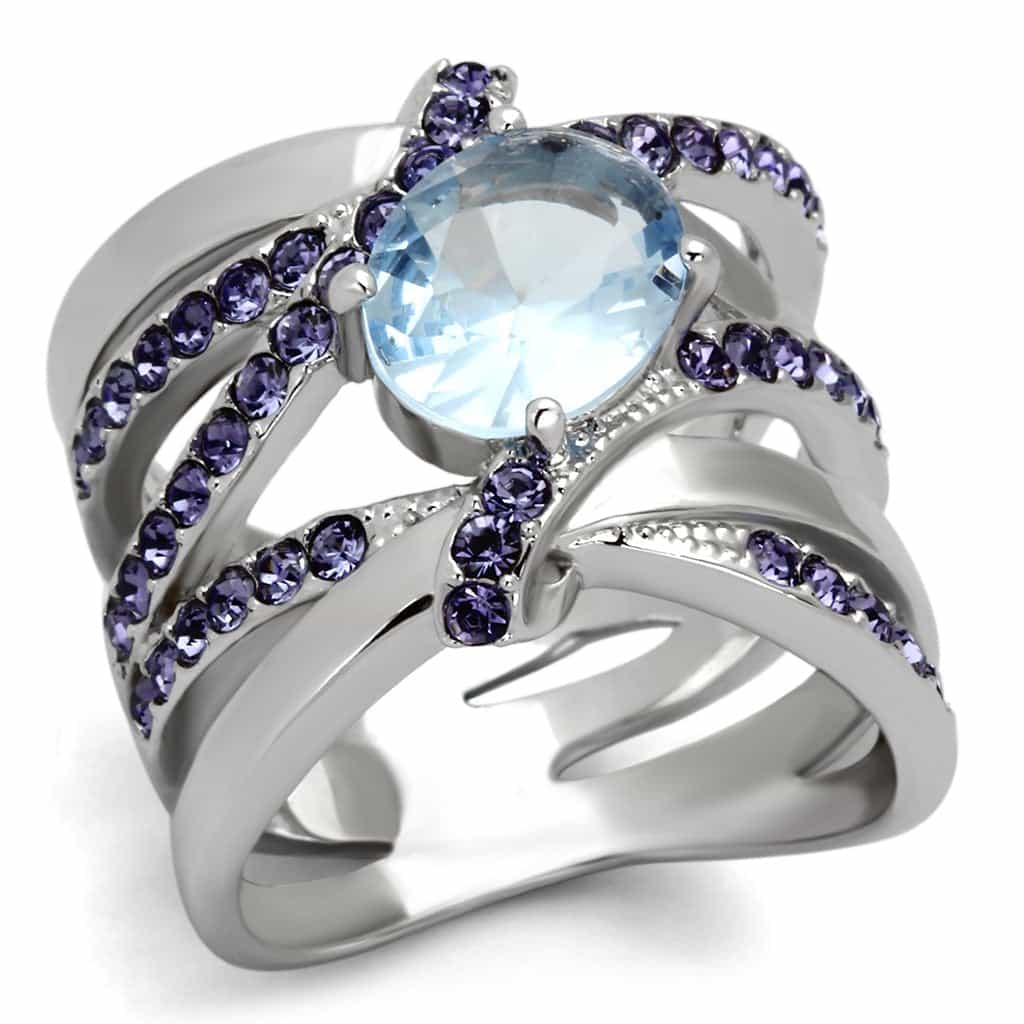 Stainless Steel Silver CZ Cushion Light Blue Purple Pave Ring view 5