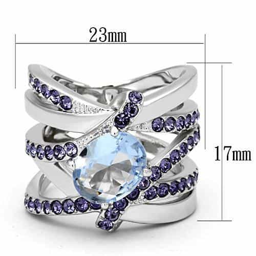 Stainless Steel Silver CZ Cushion Light Blue Purple Pave Ring view 6