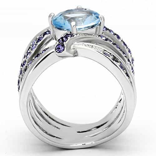 Stainless Steel Silver CZ Cushion Light Blue Purple Pave Ring view 7
