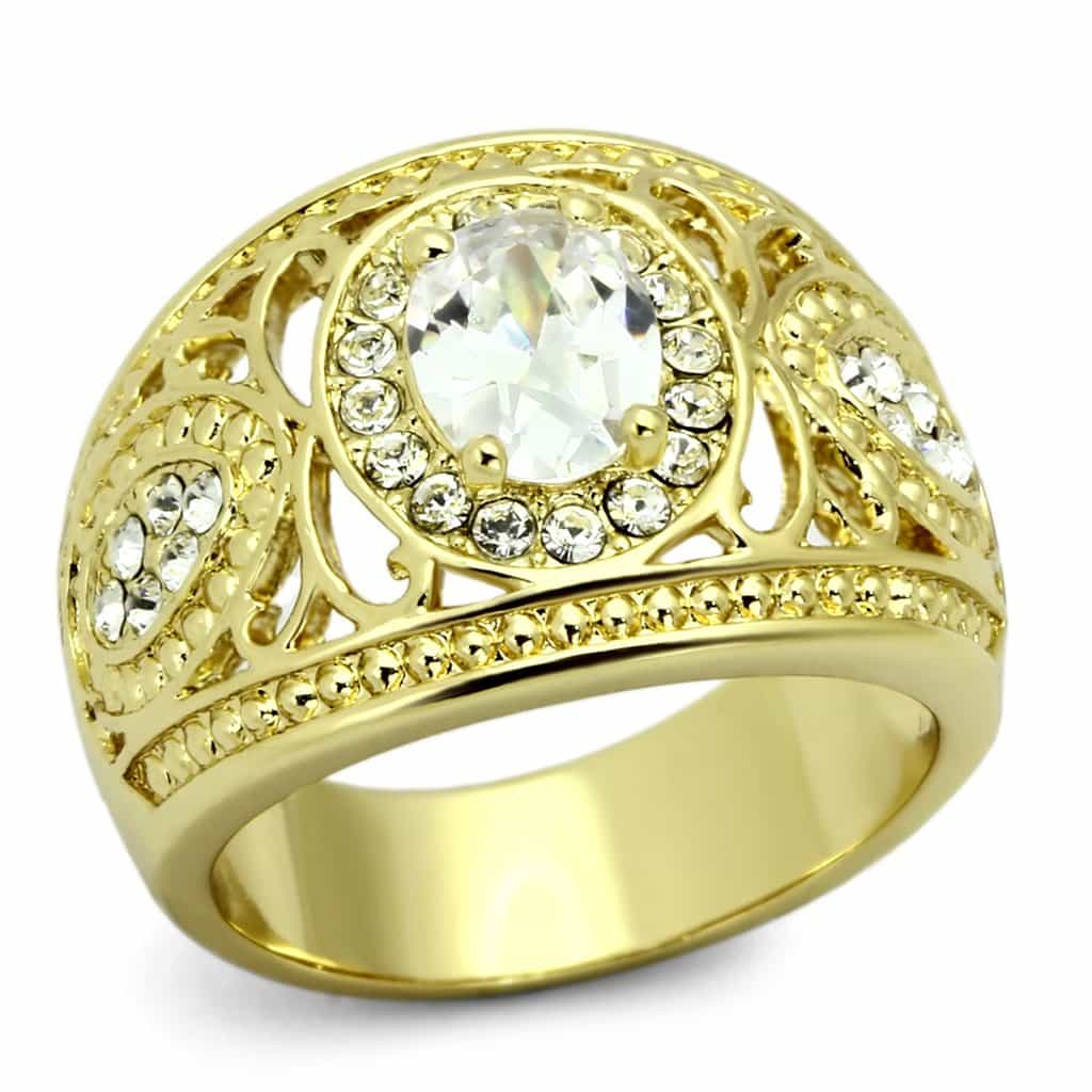 Stainless Steel Gold IP CZ Oval Clear Filigree Dome Ring view 5