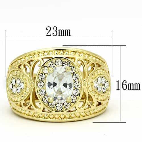 Stainless Steel Gold IP CZ Oval Clear Filigree Dome Ring view 6