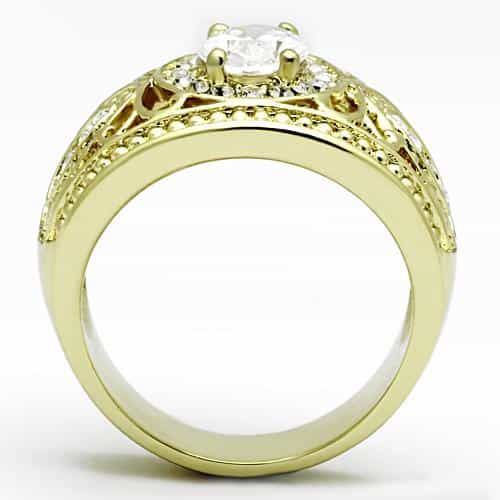 Stainless Steel Gold IP CZ Oval Clear Filigree Dome Ring view 7