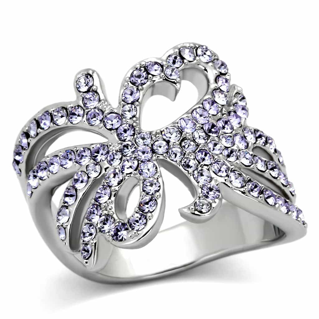 Stainless Steel Silver Purple Crystal Pave Bow Ribbon Ring view 1