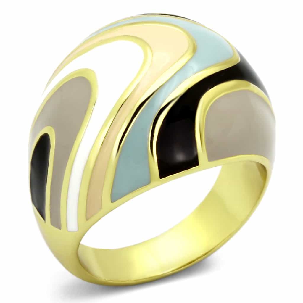 Stainless Steel Gold IP Teal Cream Black Enamel Abstract Ring view 1
