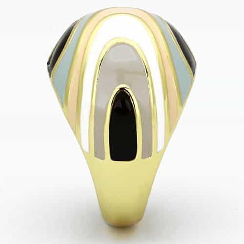 Stainless Steel Gold IP Teal Cream Black Enamel Abstract Ring view 4