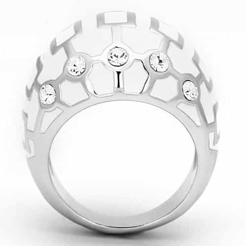 Stainless Steel Silver White Enamel Geometric CZ Accent Dome Ring view 3