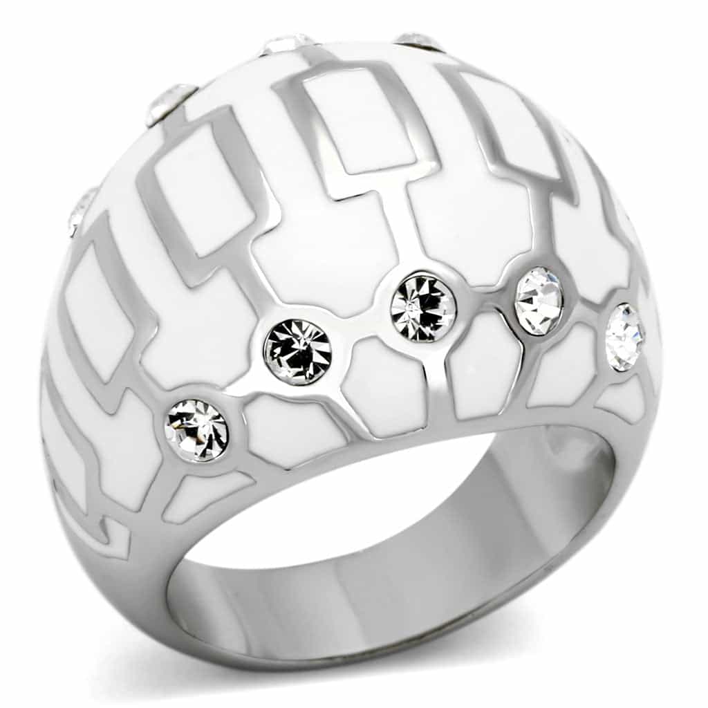 Stainless Steel Silver White Enamel Geometric CZ Accent Dome Ring view 1