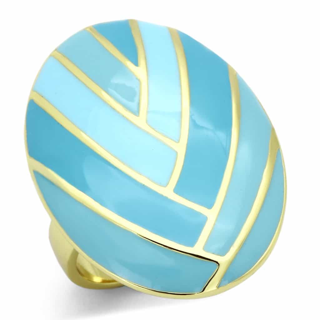 Stainless Steel Gold IP Blue Enamel Chevron Leaf Dome Ring view 5
