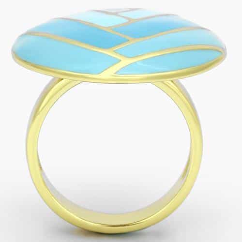 Stainless Steel Gold IP Blue Enamel Chevron Leaf Dome Ring view 7