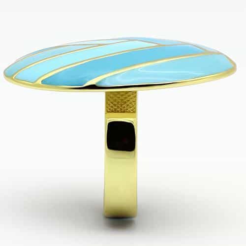 Stainless Steel Gold IP Blue Enamel Chevron Leaf Dome Ring view 4