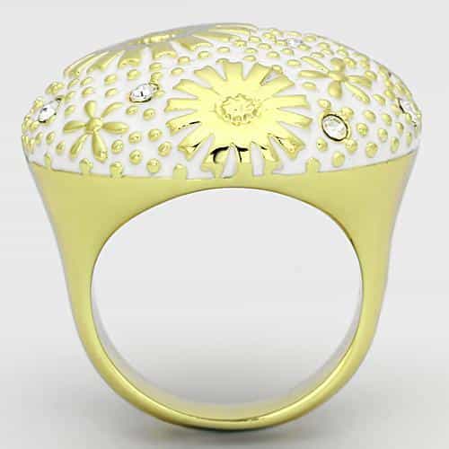 Stainless Steel Gold IP White Enamel Daisy CZ Cluster Dome Ring view 3