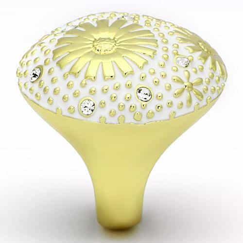 Stainless Steel Gold IP White Enamel Daisy CZ Cluster Dome Ring view 8