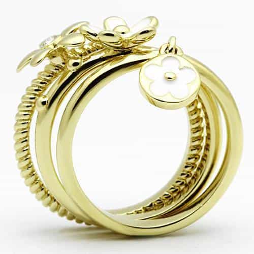 Stainless Steel Gold IP White Enamel Flower Charm Stack Ring view 7