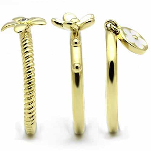 Stainless Steel Gold IP White Enamel Flower Charm Stack Ring view 8