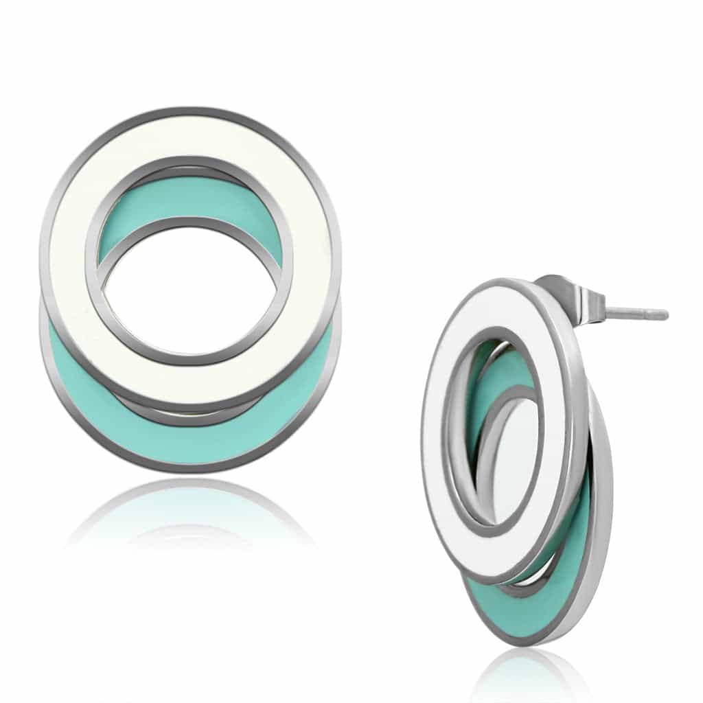 Stainless Steel Silver Teal White Enamel Concentric Earrings view 1