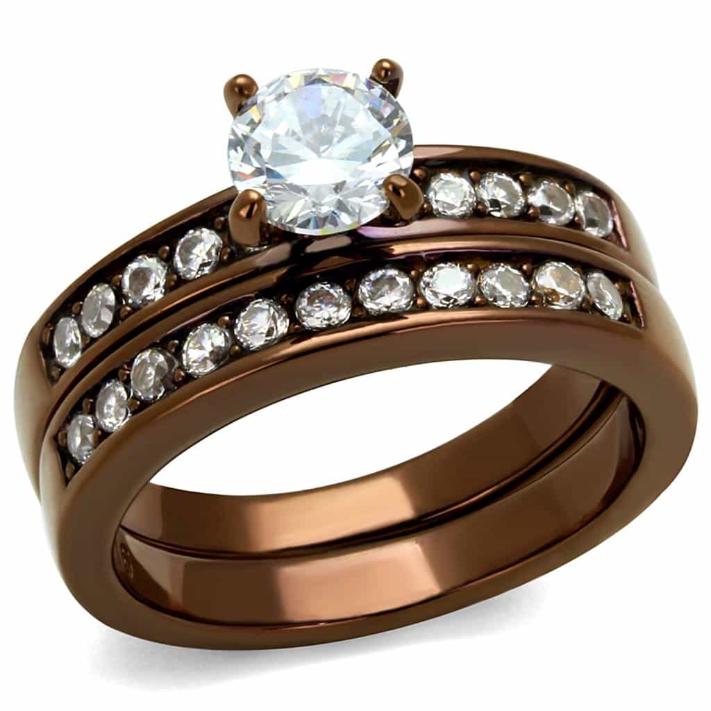 Stainless Steel Coffee IP CZ Round Solitaire Channel Bridal Ring view 1