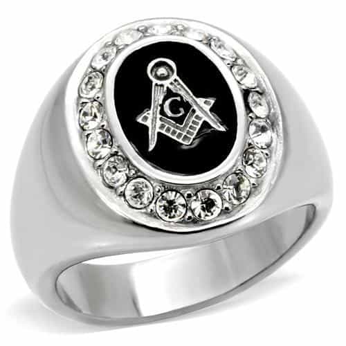 Stainless Steel Silver Masonic Oval CZ Halo Mens Signet Ring view 1