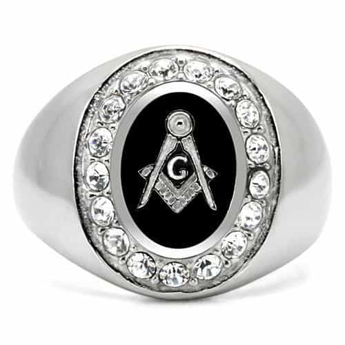 Stainless Steel Silver Masonic Oval CZ Halo Mens Signet Ring view 8