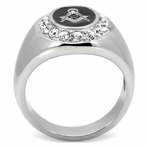 Stainless Steel Silver Masonic Oval CZ Halo Mens Signet Ring view 9