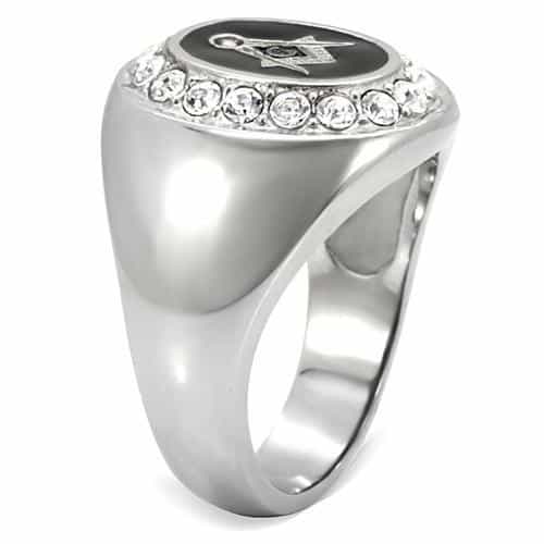 Stainless Steel Silver Masonic Oval CZ Halo Mens Signet Ring view 10