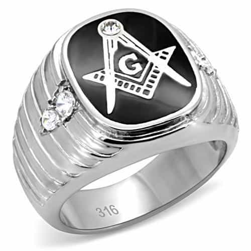 Stainless Steel Silver Masonic Ribbed CZ Side Mens Signet Ring view 1
