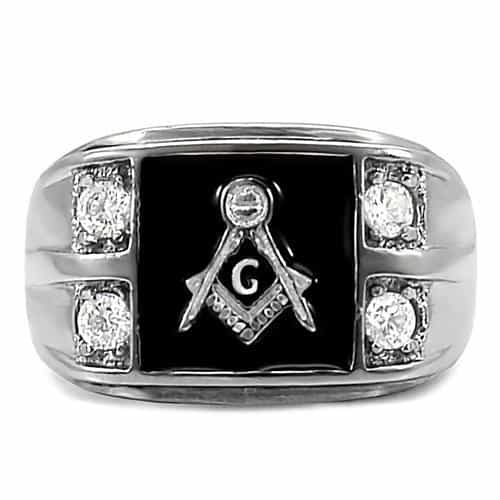 Stainless Steel Silver Masonic Rectangle CZ Side Wide Mens Ring view 3