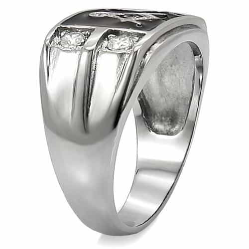 Stainless Steel Silver Masonic Rectangle CZ Side Wide Mens Ring view 10