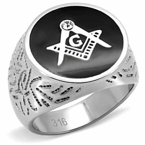Stainless Steel Silver Masonic Round Ornate Carved Mens Ring view 1
