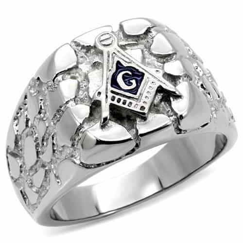 Stainless Steel Silver Masonic Nugget Texture CZ Mens Signet Ring view 1