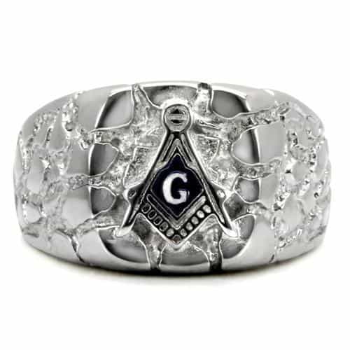 Stainless Steel Silver Masonic Nugget Texture CZ Mens Signet Ring view 8