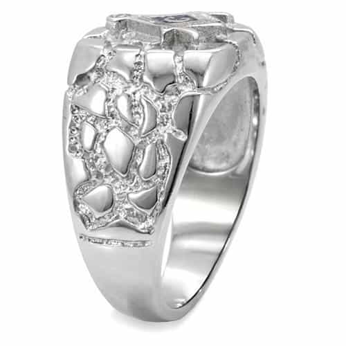 Stainless Steel Silver Masonic Nugget Texture CZ Mens Signet Ring view 5