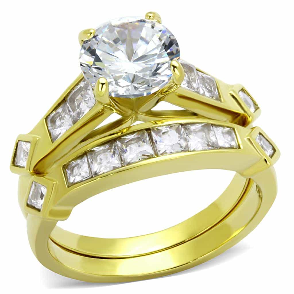 Stainless Steel Gold IP CZ Round Large Solitaire Princess Ring view 5