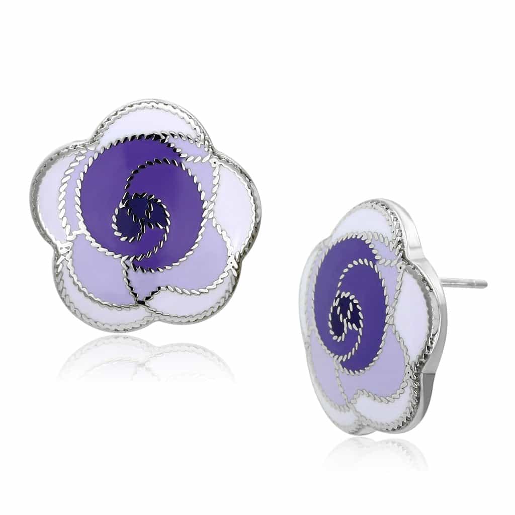 Stainless Steel Silver Purple Enamel Flower Swirl Stud Earrings view 1