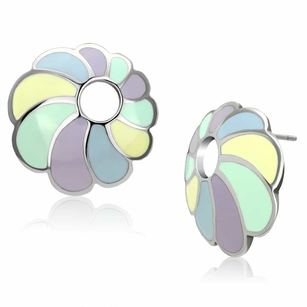 Stainless Steel Silver Pastel Multi Enamel Flower Stud Earrings view 1