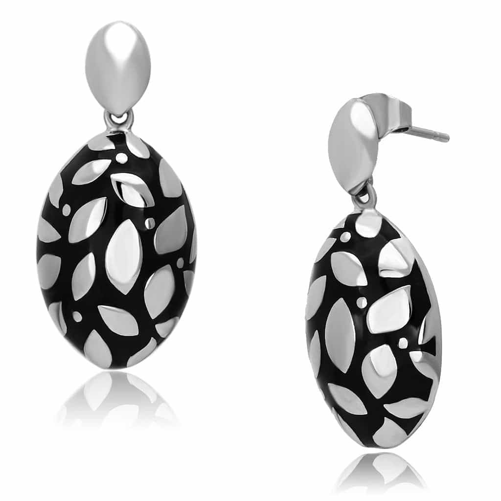 Stainless Steel Silver Black Enamel Leaf Cutout Oval Drop Ring view 1