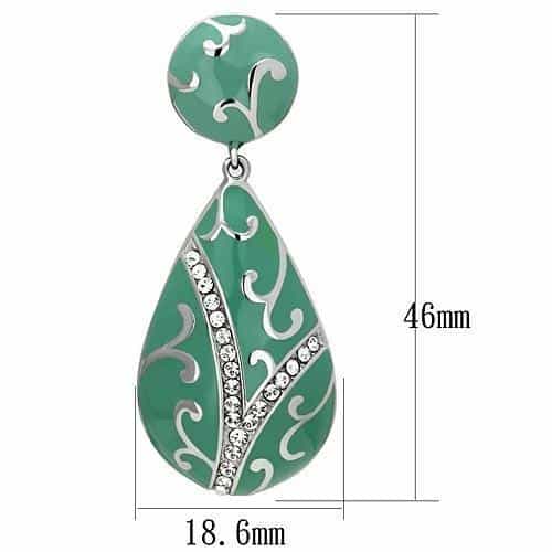 Stainless Steel Silver Teal Enamel Scroll CZ Teardrop Earrings view 2