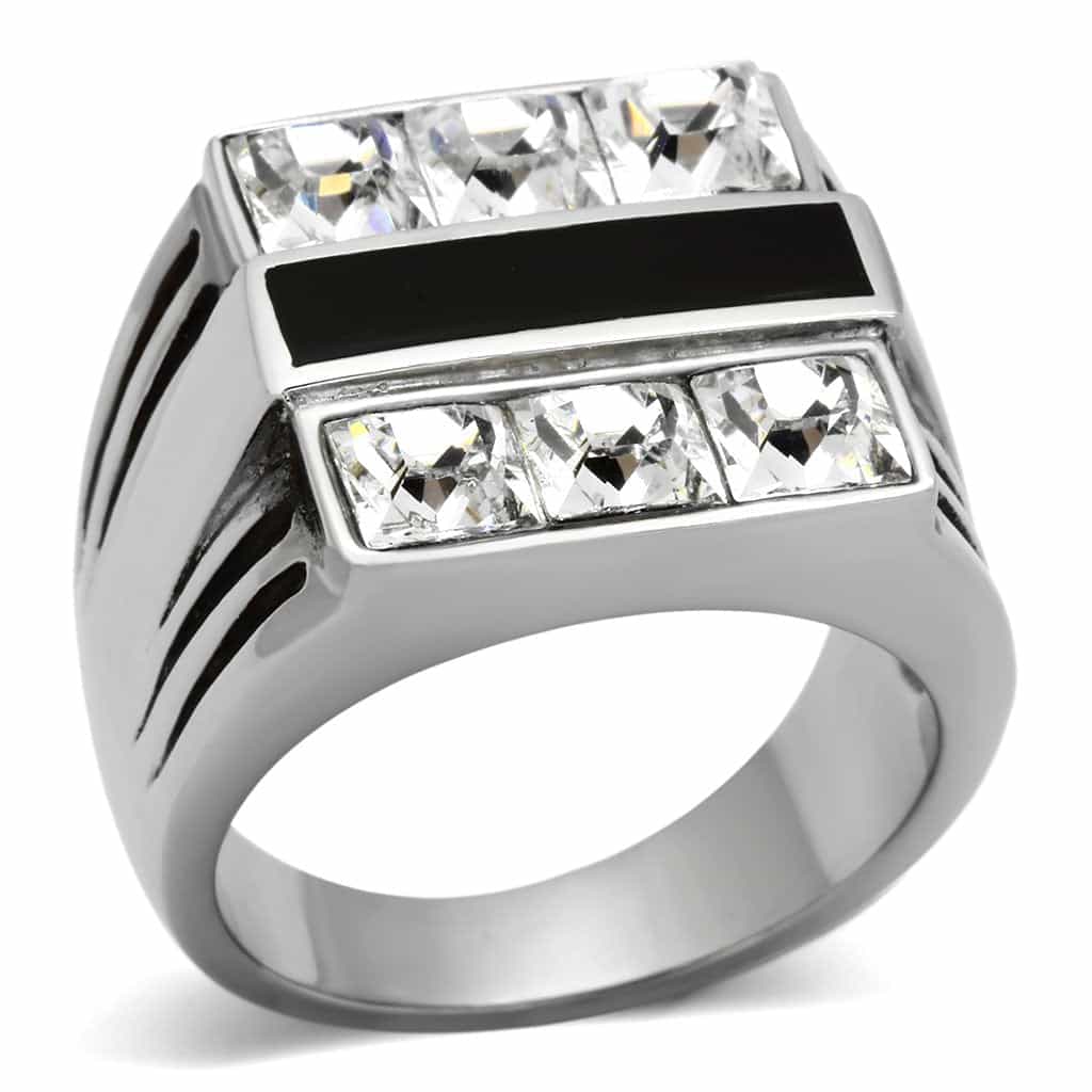 Stainless Steel Silver Black Enamel CZ Channel Stripe Mens Ring view 1