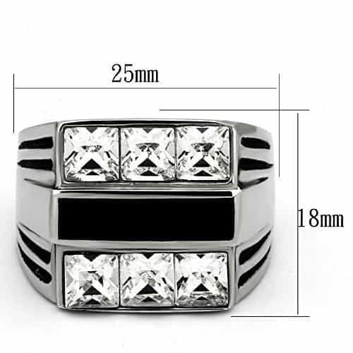 Stainless Steel Silver Black Enamel CZ Channel Stripe Mens Ring view 6