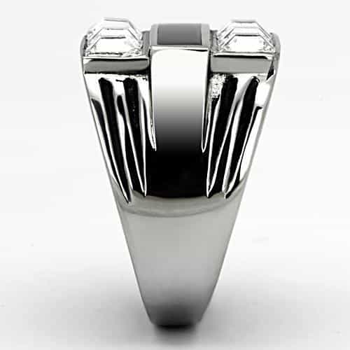 Stainless Steel Silver Black Enamel CZ Channel Stripe Mens Ring view 8