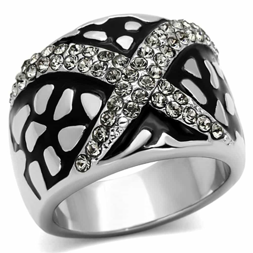 Stainless Steel Silver Black Enamel CZ Pave X Crossover Dome Ring view 1