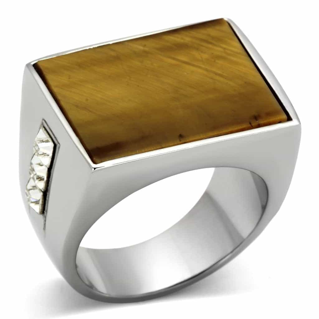 Stainless Steel Silver Tiger Eye Rectangle Flat Mens Signet Ring view 1